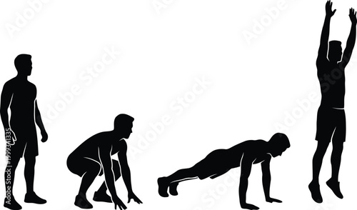 Black silhouette of a man performing burpee exercise steps showing standing squat plank and jump movement for fitness and workout training