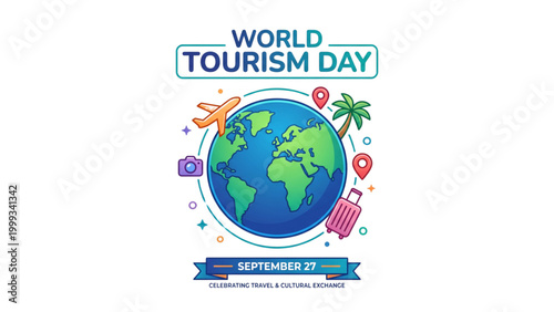 World Tourism Day illustration with globe, airplane, and travel icons  