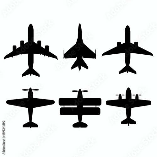 Six airplanes silhouettes flying different views Transport