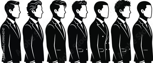Set of seven men in business suits with different hairstyles shown in profile view