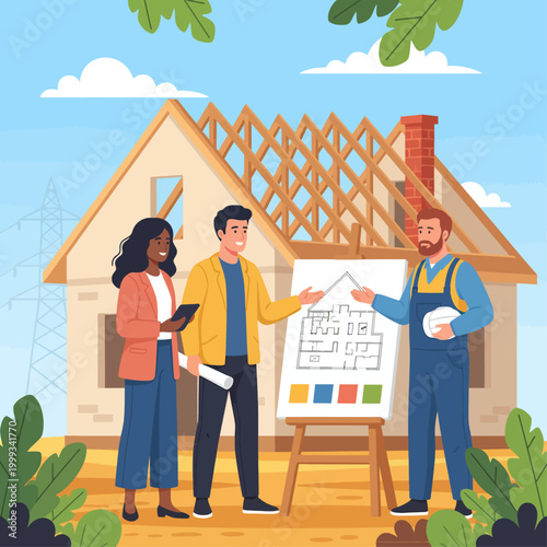 People discuss house plans on a blueprint outdoors