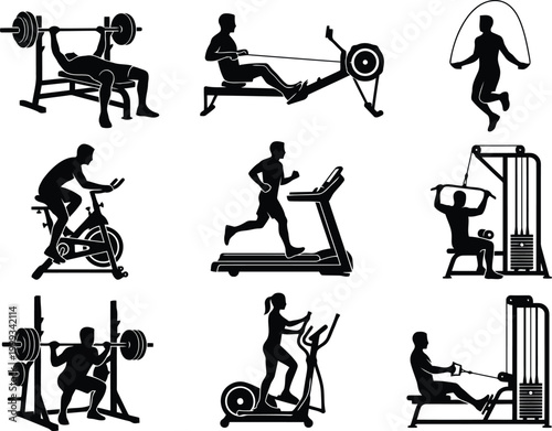 Set of silhouettes of people exercising and working out in a gym on weight machines and cardio equipment for fitness and healthy lifestyle concepts