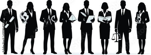 Group of professional people silhouettes standing in a row holding various work tools and academic objects