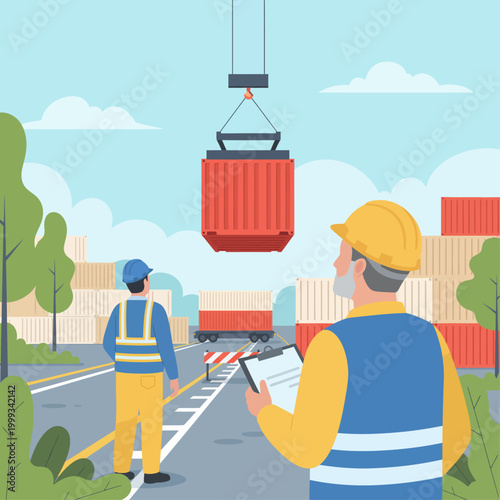 Workers operate crane lifting container on road at construction site with checklist