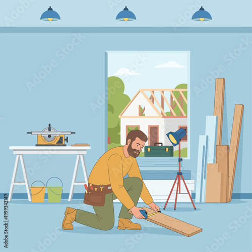 A man kneels on floor cutting wood with a workshop around him indoors