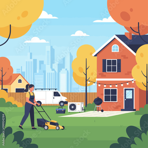 Man mowing lawn in front of suburban house with city skyline