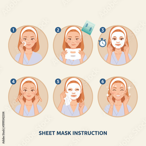 Woman applying sheet mask on her face in six steps at home
