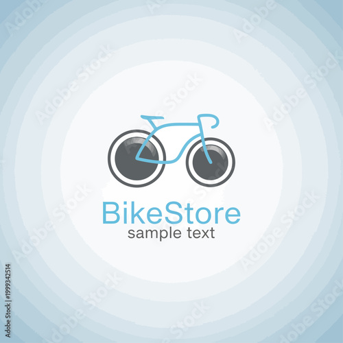A sleek bicycle icon with blue lines rides on a white circular background surrounded by light blue rings with sample text