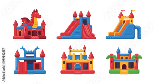 Collection of colorful inflatable bounce houses and slides for children's parties and outdoor fun