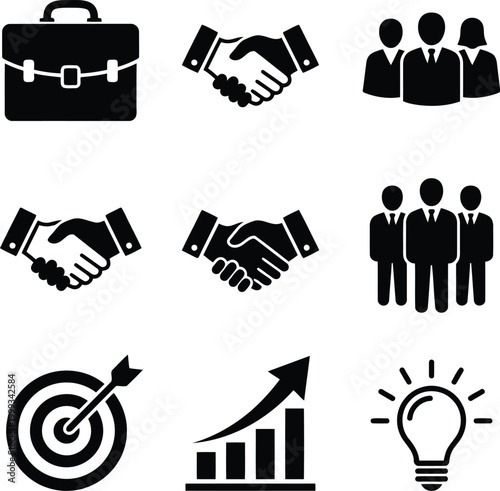 Set of black business and finance icons featuring briefcase handshake people target growth chart and light bulb for office management and project planning