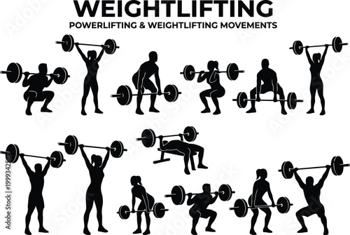 Set of weightlifting and powerlifting silhouettes showing gym exercises with barbells for fitness training