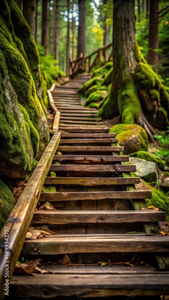 Fototapeta premium A photo of wooden stairs leading up a mountain slope, weathered and rugged, with mosscovered stones and dense forest in the background