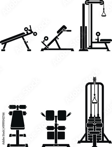Set of black silhouette gym workout machines and exercise benches for strength training and fitness equipment collection