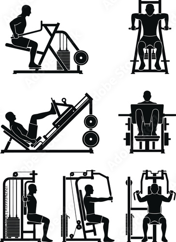 Set of black silhouettes of a man working out on various fitness machines in the gym