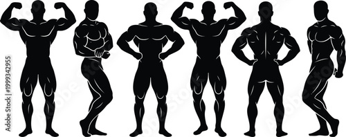 Set of silhouettes of muscular bodybuilders posing in different bodybuilding postures for competition or fitness gym promotion and sports design