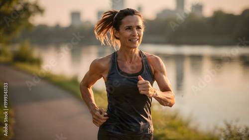 Woman running on path by water, female athlete jogging along river or lake shore for healthy lifestyle and morning exercise in nature