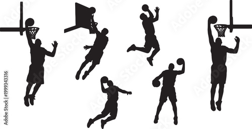 Black Solid Basketball Rebound Silhouettes Set of Six on White Background