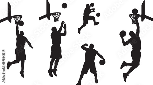 Black Solid Basketball Rebound Silhouettes Set of Six on White Background