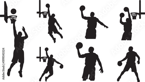 Black Solid Basketball Rebound Silhouettes Set of Six on White Background