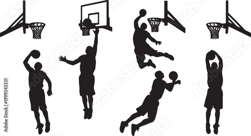 Black Solid Basketball Rebound Silhouettes Set of Six on White Background