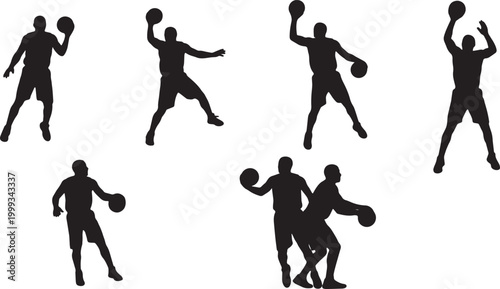 Black Solid Basketball Reverse Layup Silhouettes Set of Six on White Background