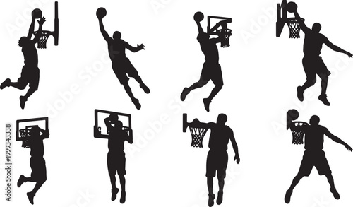 Black Solid Basketball Rim Hang Silhouettes Set of Six on White Background