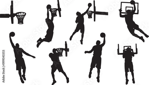 Black Solid Basketball Rim Hang Silhouettes Set of Six on White Background