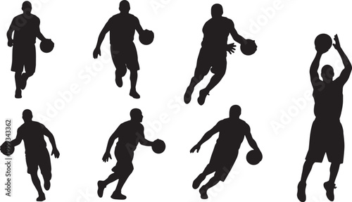 Black Solid Basketball Reverse Layup Silhouettes Set of Six on White Background