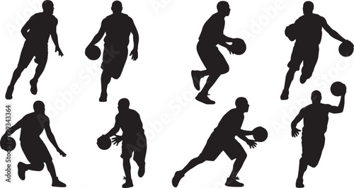 Black Solid Basketball Reverse Layup Silhouettes Set of Six on White Background