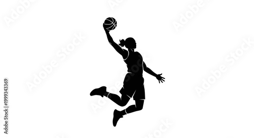 Female basketball player silhouette jumping with ball