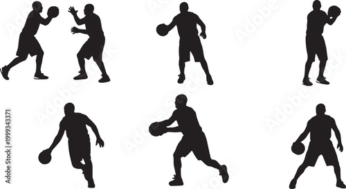 Black Solid Basketball Screen Away Silhouettes Set of Six on White Background