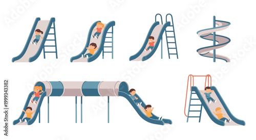 Collection of playground slides with children enjoying a fun day outdoors