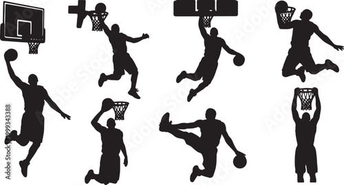 Black Solid Basketball Rim Hang Silhouettes Set of Six on White Background