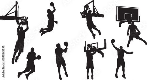 Black Solid Basketball Rim Hang Silhouettes Set of Six on White Background