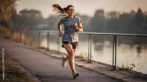 Woman running on sidewalk by water, female athlete jogging along urban coast for healthy lifestyle and morning exercise in nature