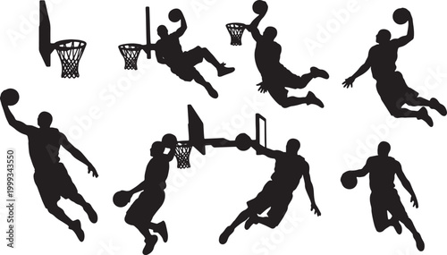Black Solid Basketball Slam Dunk Silhouettes Set of Six on White Background