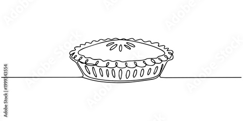 delicious baked pie with a lattice crust design continuous one line drawing, Single continuous line drawing of stylized delicious apple pie for cake logo art label. Pastry shop concept. Modern one