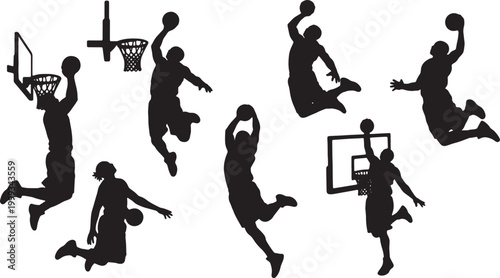 Black Solid Basketball Slam Dunk Silhouettes Set of Six on White Background