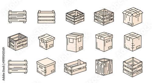 Set of isometric wood crates and cardboard boxes