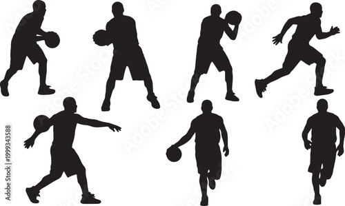 Black Solid Basketball Transition Run Silhouettes Set of Six on White Background