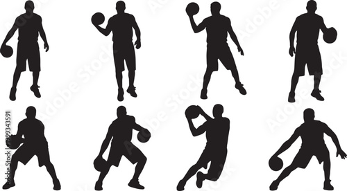 Black Solid Basketball Jab Step Silhouettes Set of Six on White Background