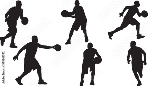 Black Solid Basketball Transition Run Silhouettes Set of Six on White Background
