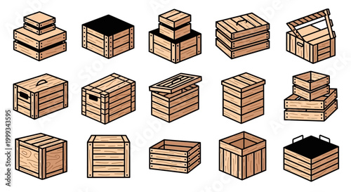 Collection of isometric wooden crates and boxes