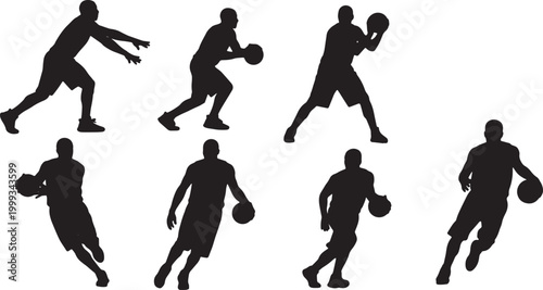 Black Solid Basketball Transition Run Silhouettes Set of Six on White Background