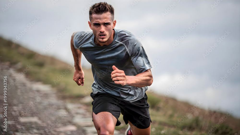 Fototapeta premium Man running down hill with thumb up, happy male athlete jogging in nature and showing positive like gesture for sport and success