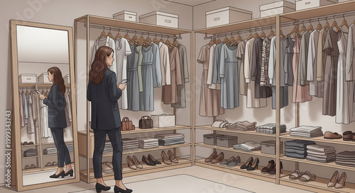 Stylish woman selecting clothes from a well-arranged walk-in closet for personal fashion organization concept and daily outfit planning