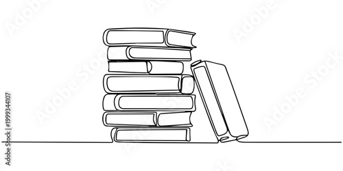 stack of book continuous one line drawing, Continuous one line drawing of a diverse collection of books on a shelf, upright and leaning, representing education, knowledge, and literary wisdom, Stack