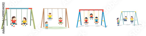 Children enjoy playing on swings in a park on a sunny day, a joyful scene of childhood fun and outdoor recreation