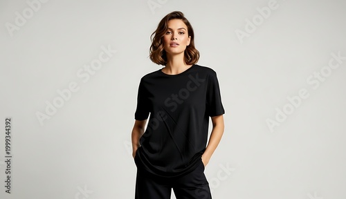 Confident woman wearing a black t-shirt mockup and pants, hands in pockets, studio portrait with soft lighting.