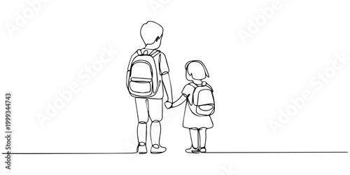 children with backpack continuous one line drawing, Single one line drawing older sister and younger brother walking waving their hands. Be friendly and polite. Childhood. National Brothers and Sister